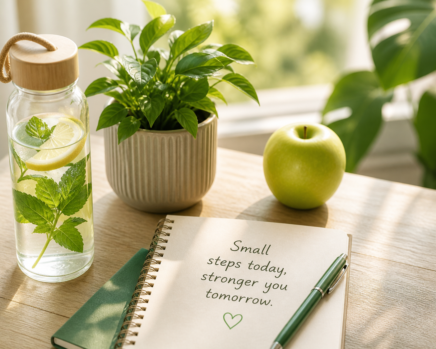 Bright wellness scene with water, plants, apple, notebook, and green pen